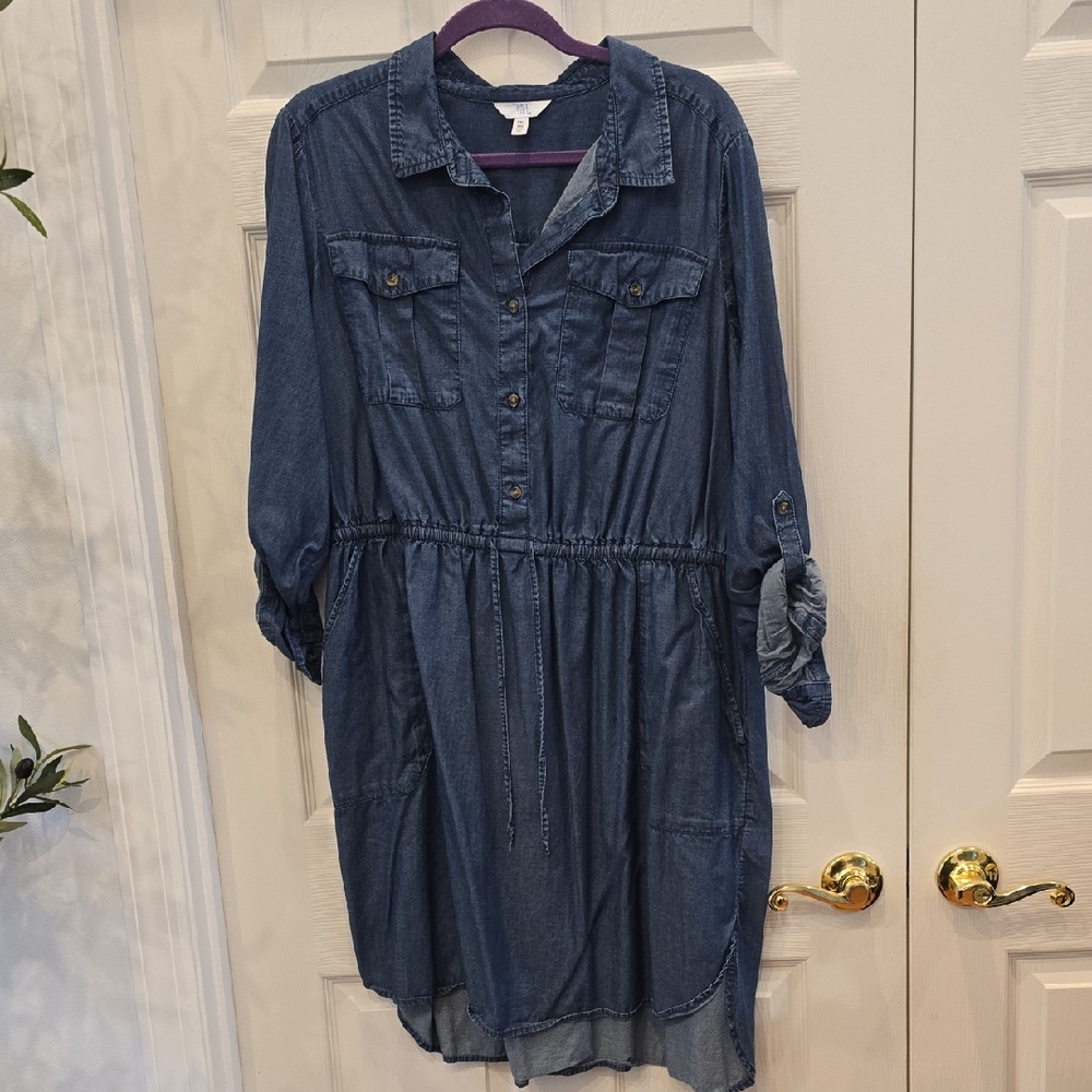 Time and Tru Blue Denim Shirt Dress with Drawstring Waist